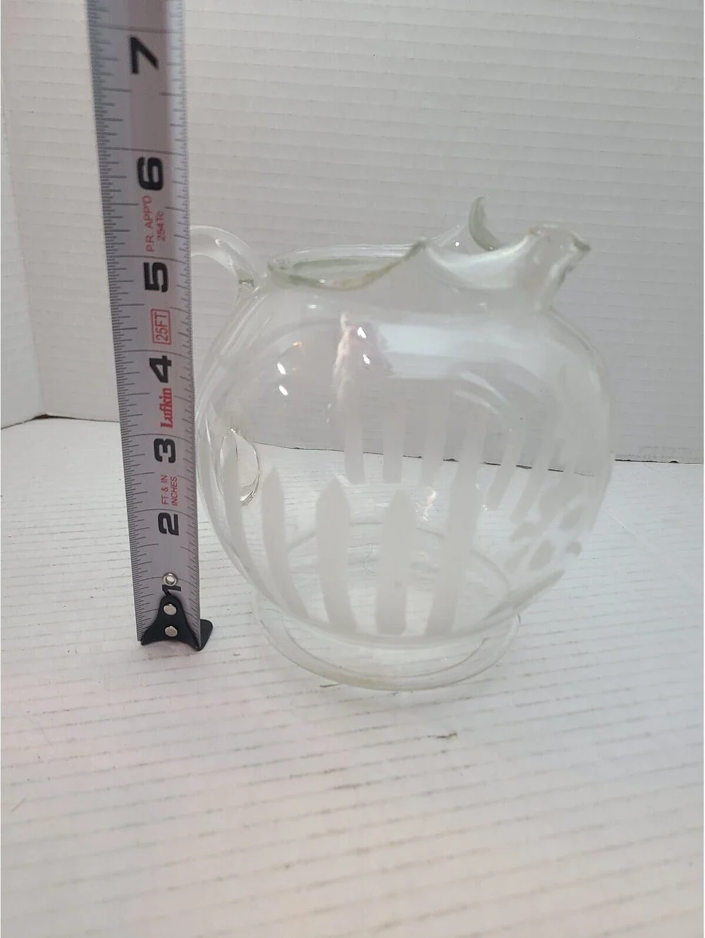 Vintage MC Roly Poly Round Small Clear Pitcher Etched Flowers & Picketts